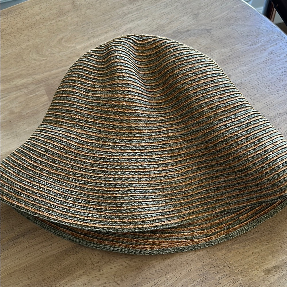 Eric Javits Striped Tan and Green straw hat - Picture 2 of 6